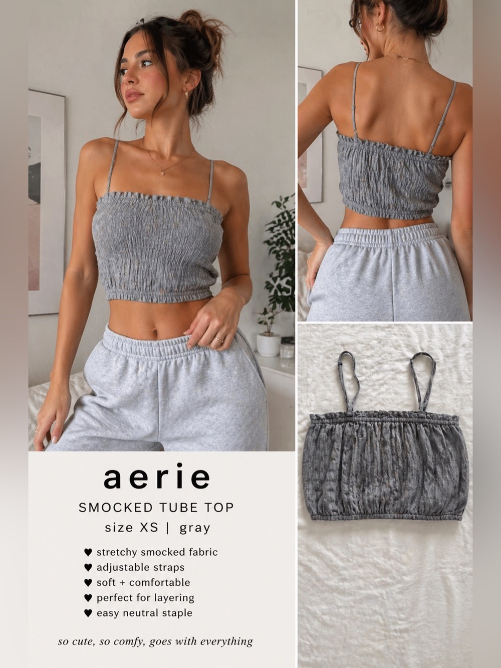 Aerie Smocked Bandeau Crop Top XS Grey Strappy Elastic Tube Top Summer Bralette
